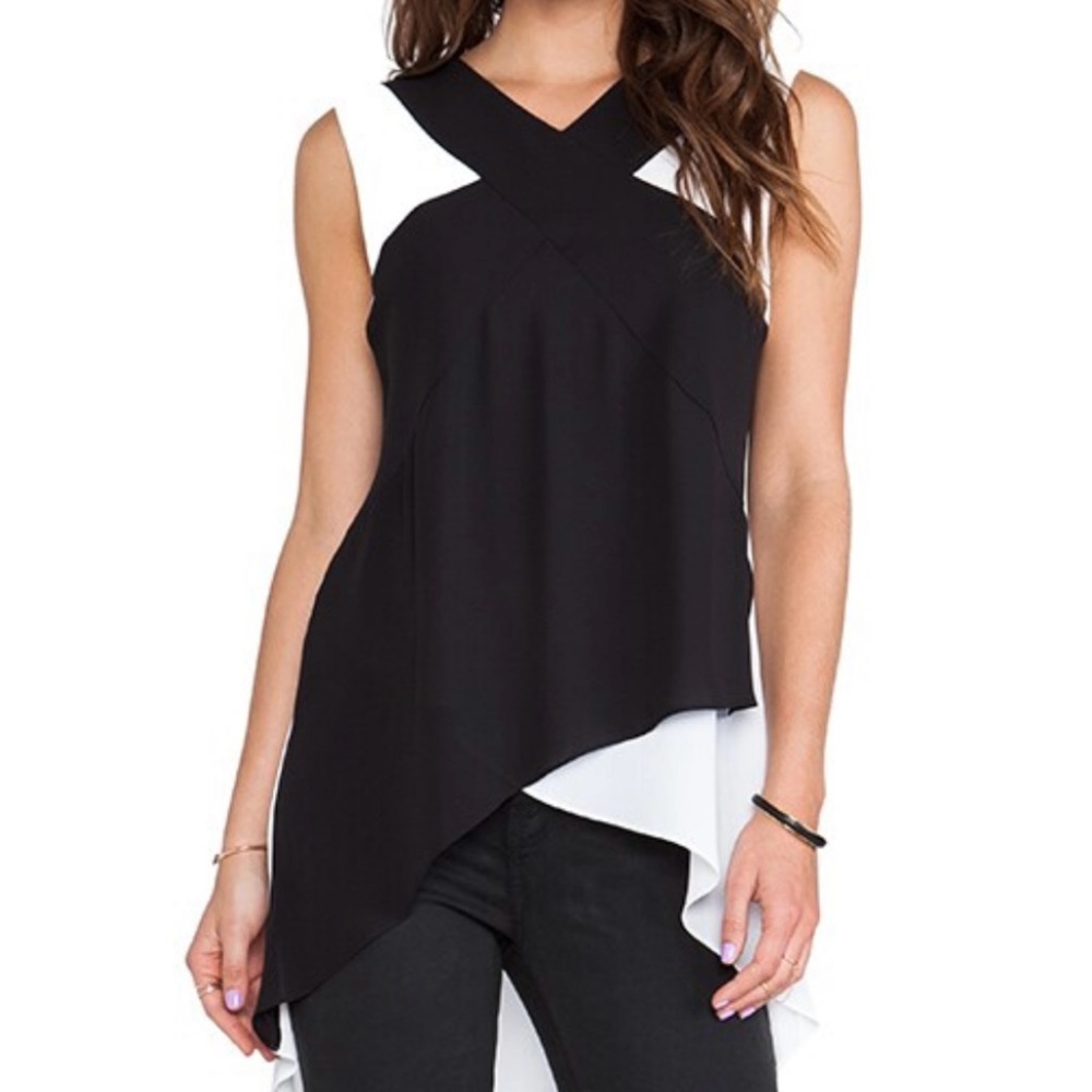 BCBG Black and White Asymmetrical Sleeveless Blouse